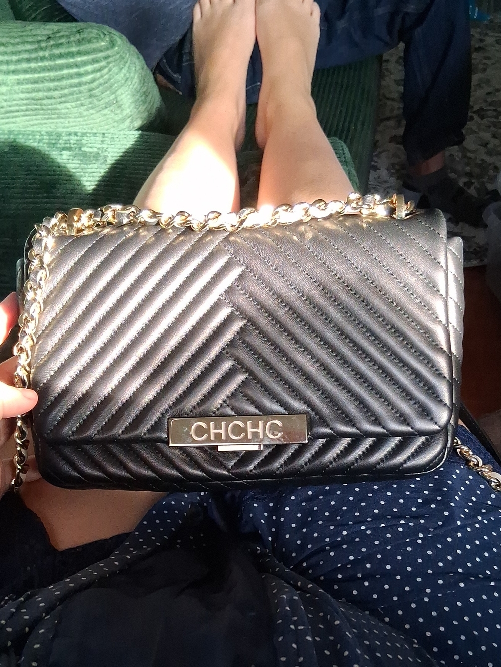 Carolina Herrera Leather Quilted Black Shoulder Bag with Gold Chain